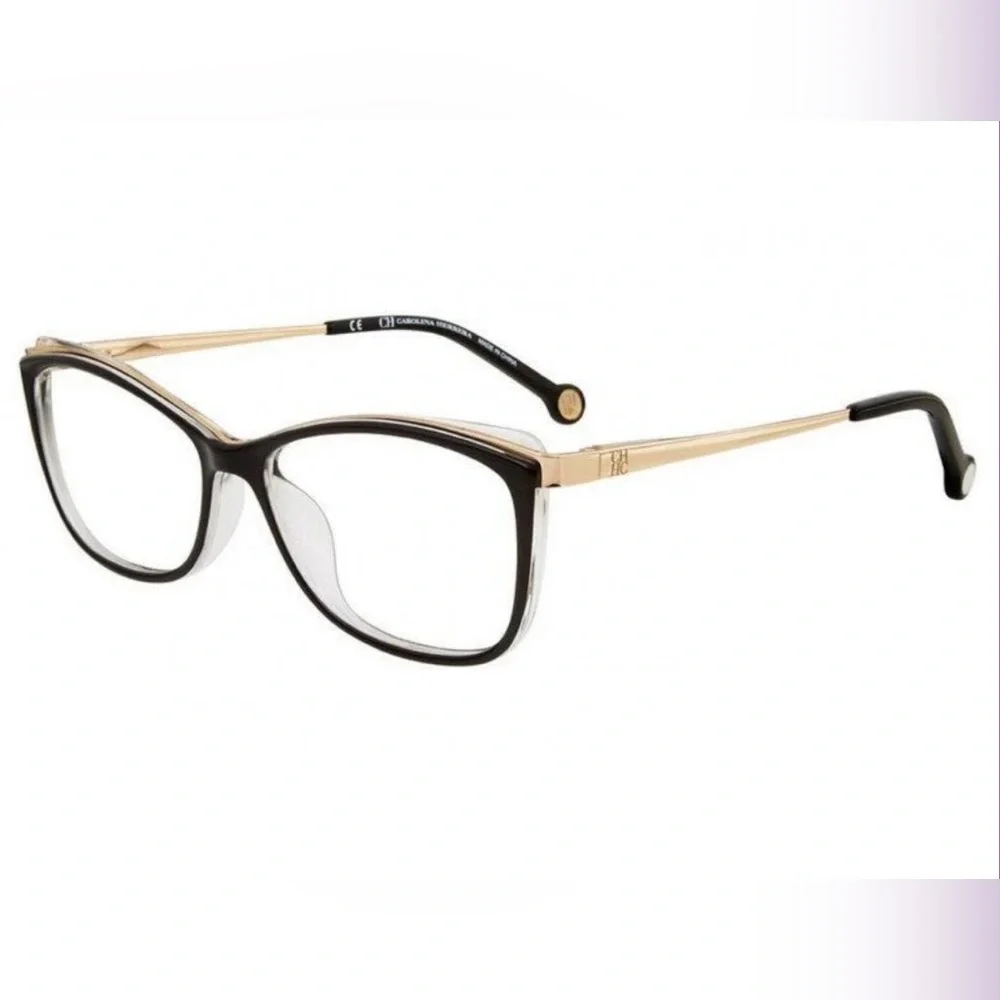 CAROLINA HERRERA NWOT VHE 728K Modern Cat Eye 53-15-135 BLK/Gold Eyeglass Frame
